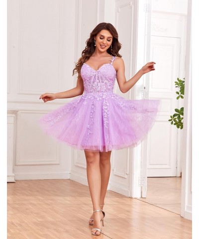 Spaghetti Strap Lace Short Homecoming Dresses for Teens Tulle Short Prom Dresses Cocktail Gowns Light Blue $36.00 Dresses