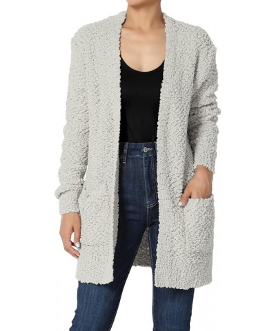 Women's S~3X Loose Fit Popcorn Knit Long Sleeve Pocket Open Sweater Cardigan Light Grey $24.50 Sweaters