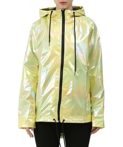 Womens Metallic Zip Up Club Hoodies Jacket Hooded Shiny Drawstring Windbreaker Zipper Rain Jacket Yellow $21.72 Jackets