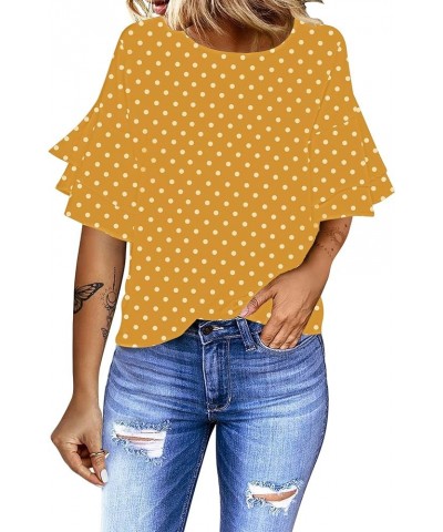 Women's Casual 3/4 Tiered Bell Sleeve Crewneck Loose Tops Blouses Shirt A2 Yellow/White Polka Dot $15.80 Blouses