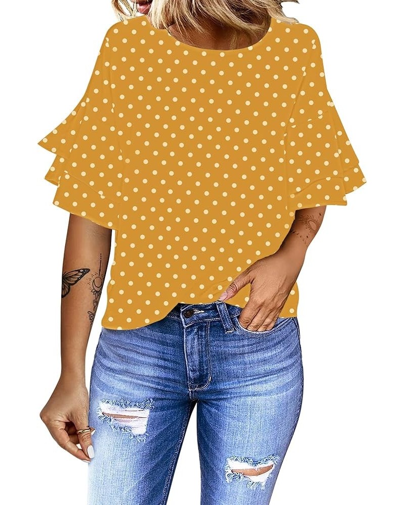 Women's Casual 3/4 Tiered Bell Sleeve Crewneck Loose Tops Blouses Shirt A2 Yellow/White Polka Dot $15.80 Blouses