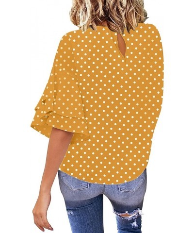 Women's Casual 3/4 Tiered Bell Sleeve Crewneck Loose Tops Blouses Shirt A2 Yellow/White Polka Dot $15.80 Blouses