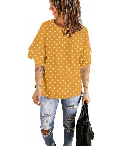 Women's Casual 3/4 Tiered Bell Sleeve Crewneck Loose Tops Blouses Shirt A2 Yellow/White Polka Dot $15.80 Blouses