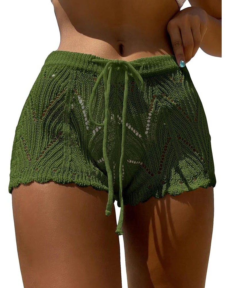 Women's Hollow Out Drawstring Waist Bikini Cover Up Shorts Tie Front Crochet Cover Up Bottom Green Solid $15.92 Swimsuits