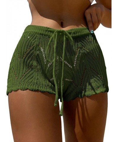 Women's Hollow Out Drawstring Waist Bikini Cover Up Shorts Tie Front Crochet Cover Up Bottom Green Solid $15.92 Swimsuits