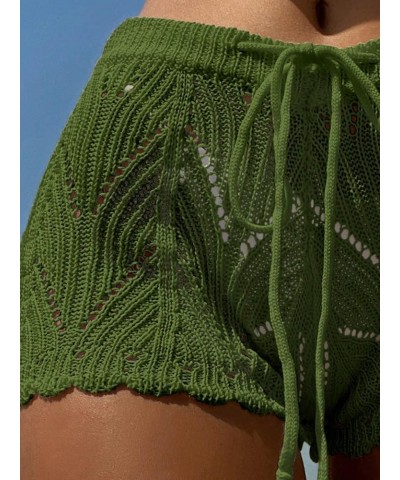 Women's Hollow Out Drawstring Waist Bikini Cover Up Shorts Tie Front Crochet Cover Up Bottom Green Solid $15.92 Swimsuits