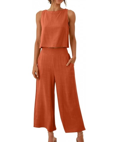 2 Piece Outfits for Women Summer Linen Tank Crop Tops Wide Leg Pants Sets Dressy Vacation Outfits with Pockets A-red $7.79 Ac...