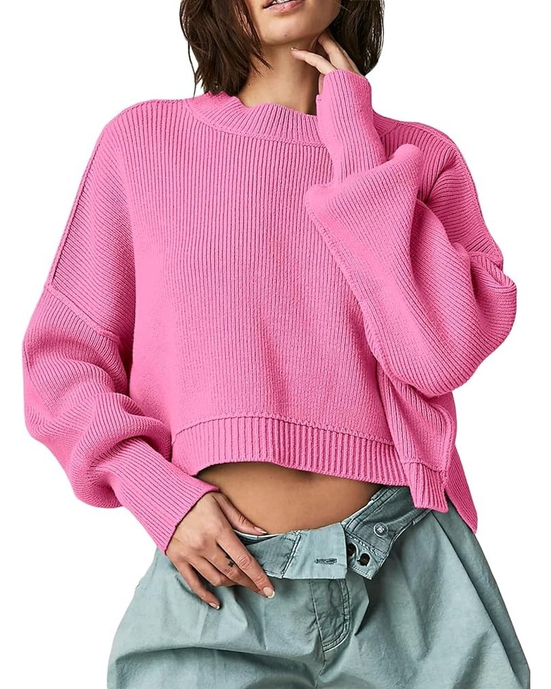 Womens Oversized Cropped Sweaters Long Batwing Sleeve Crew Neck Pullover Ribbed Knit Jumper Tops Hot Pink $18.86 Sweaters