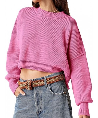 Womens Oversized Cropped Sweaters Long Batwing Sleeve Crew Neck Pullover Ribbed Knit Jumper Tops Hot Pink $18.86 Sweaters