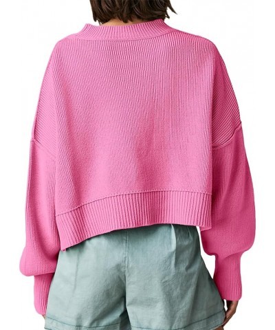 Womens Oversized Cropped Sweaters Long Batwing Sleeve Crew Neck Pullover Ribbed Knit Jumper Tops Hot Pink $18.86 Sweaters