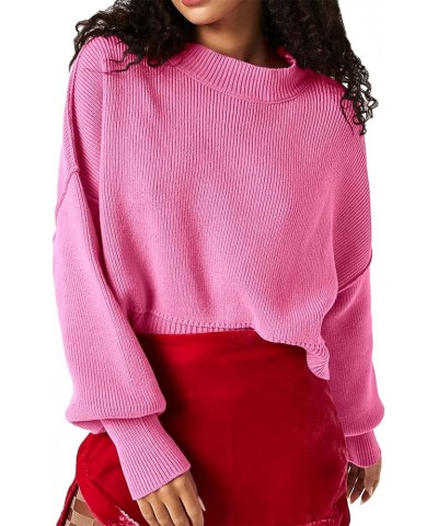 Womens Oversized Cropped Sweaters Long Batwing Sleeve Crew Neck Pullover Ribbed Knit Jumper Tops Hot Pink $18.86 Sweaters