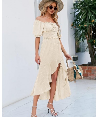 Women's Summer Square Neck Puff Sleeve Ruffle Maxi Dresses Boho Swiss Dot High Low Smocked Cocktail Dress Apricot XL Large Ap...