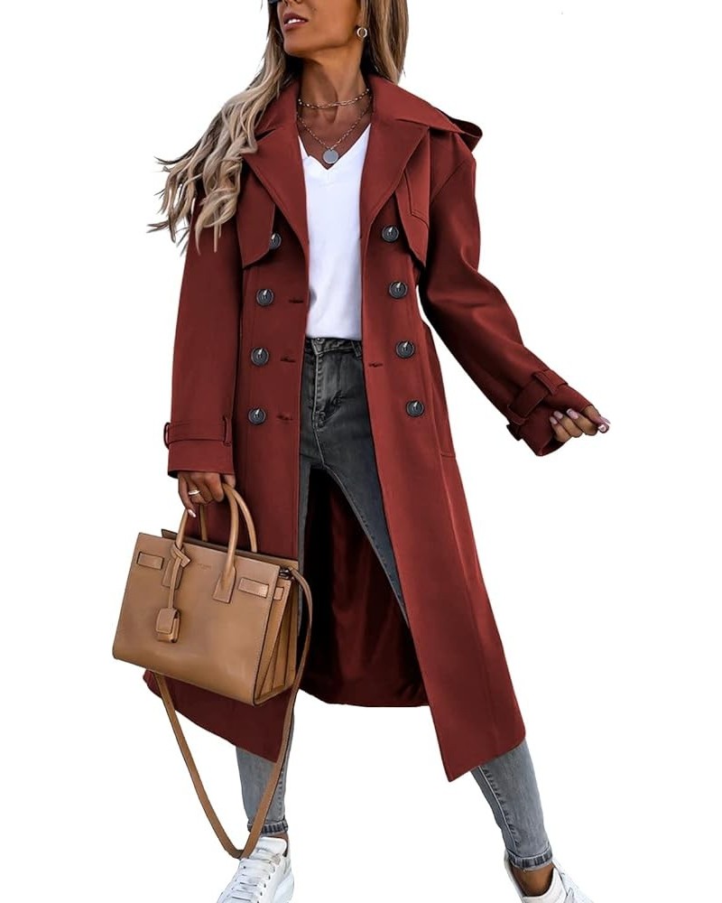 Women's Double Breasted Long Trench Coat Windproof Classic Lapel Belted Overcoat with Pockets Wine Red $49.39 Jackets