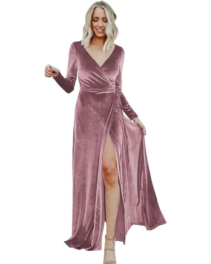 Women's Long Sleeve Bridesmaid Dresses for Wedding Retro Velvet V Neck Wrap Formal Party Dress with Slit Cameo Brown $31.89 D...