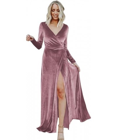 Women's Long Sleeve Bridesmaid Dresses for Wedding Retro Velvet V Neck Wrap Formal Party Dress with Slit Cameo Brown $31.89 D...