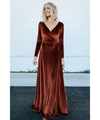 Women's Long Sleeve Bridesmaid Dresses for Wedding Retro Velvet V Neck Wrap Formal Party Dress with Slit Cameo Brown $31.89 D...