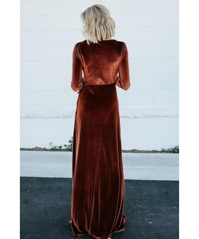 Women's Long Sleeve Bridesmaid Dresses for Wedding Retro Velvet V Neck Wrap Formal Party Dress with Slit Cameo Brown $31.89 D...