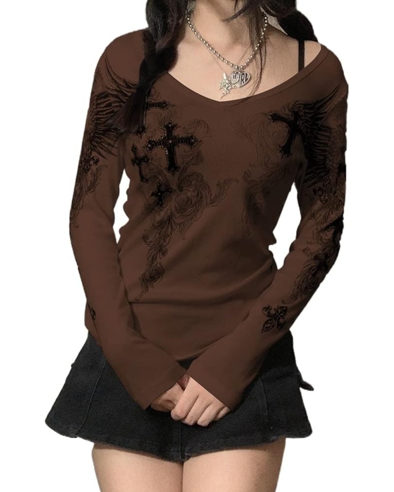 Women Vintage Graphic Print Crop Top Long Sleeve 90S Rhinestone Ribbed Tees Grunge Fairy Aesthetic Shirts A-cross Brown $12.2...