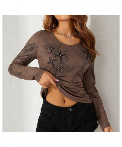 Women Vintage Graphic Print Crop Top Long Sleeve 90S Rhinestone Ribbed Tees Grunge Fairy Aesthetic Shirts A-cross Brown $12.2...