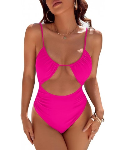 Womens One Piece Swimsuit Tummy Control Bathing Suit Sexy Flattering Cheeky High Cut Out Cute Ladies Swimwear Hot Pink $21.16...