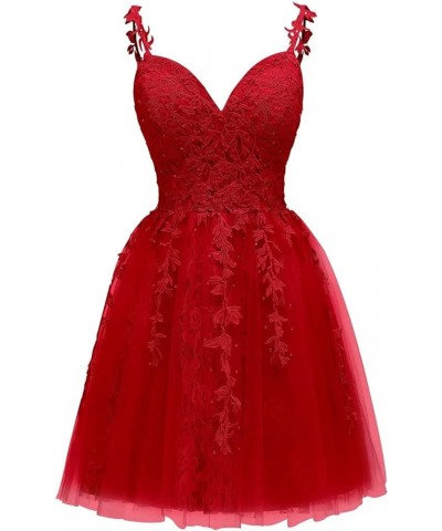 Women's Tulle Lace Applique Homecoming Dresses V Neck Short Prom Party Cocktail Dresses for Teens Red $28.06 Dresses