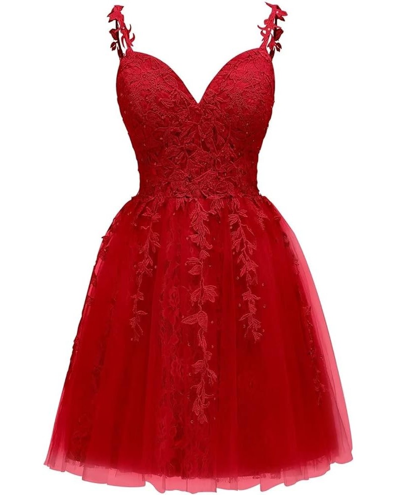 Women's Tulle Lace Applique Homecoming Dresses V Neck Short Prom Party Cocktail Dresses for Teens Red $28.06 Dresses