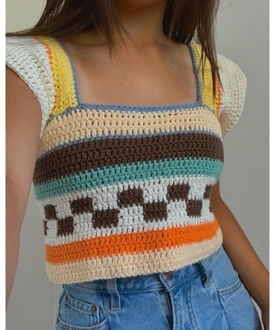 Women's Crochet Knit Crop Top Pullover Sweater Long Sleeve Hollow Out Square Neck Y2k Shirt Summer Streetwear Knitted Top Mul...