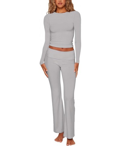 Women's Lounge Sets Two Piece Outfits Basic Long Sleeve Crop Tee Tops Low Rise Flare Pants 2 Piece Yoga Tracksuit Light Gray ...