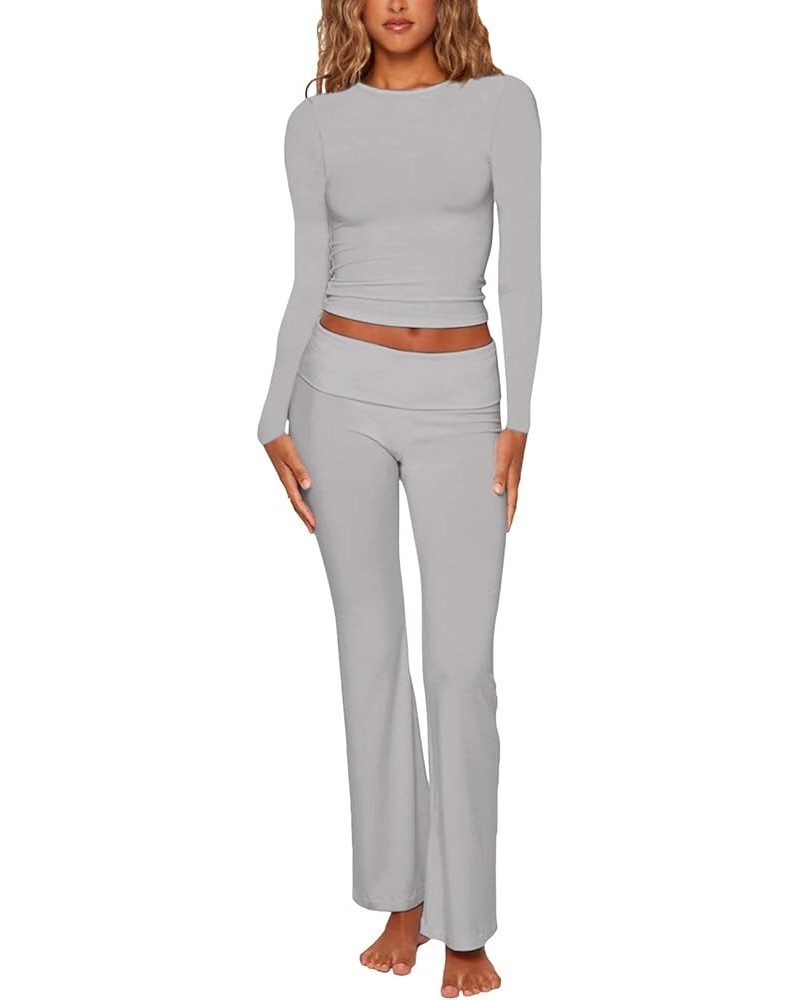 Women's Lounge Sets Two Piece Outfits Basic Long Sleeve Crop Tee Tops Low Rise Flare Pants 2 Piece Yoga Tracksuit Light Gray ...