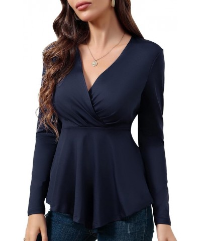 Womens Wrap Blouses Long Sleeve V Neck Casual Ruched Tunic Irregular Hem Tops Lounge Wear Blue $7.79 Tops