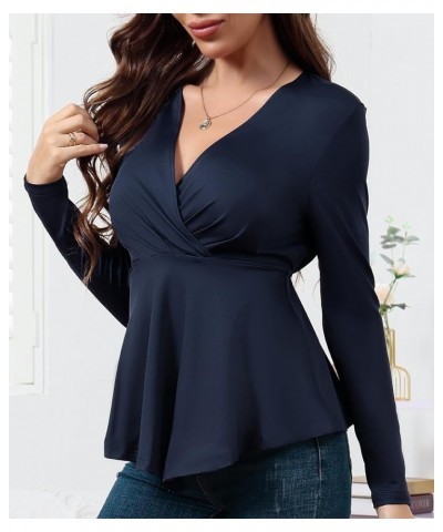 Womens Wrap Blouses Long Sleeve V Neck Casual Ruched Tunic Irregular Hem Tops Lounge Wear Blue $7.79 Tops