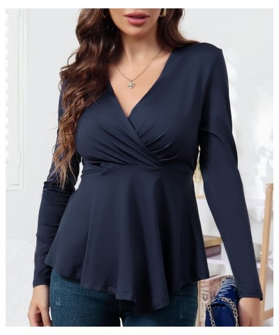 Womens Wrap Blouses Long Sleeve V Neck Casual Ruched Tunic Irregular Hem Tops Lounge Wear Blue $7.79 Tops