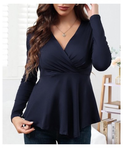 Womens Wrap Blouses Long Sleeve V Neck Casual Ruched Tunic Irregular Hem Tops Lounge Wear Blue $7.79 Tops