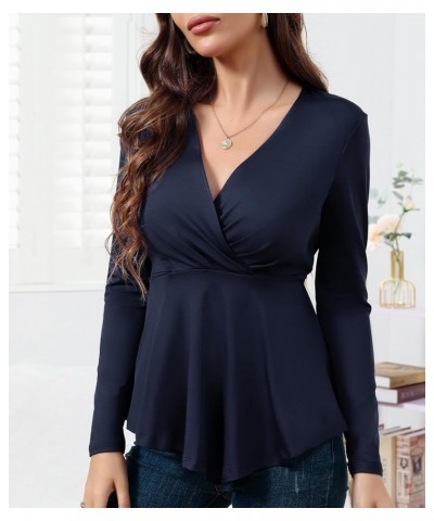 Womens Wrap Blouses Long Sleeve V Neck Casual Ruched Tunic Irregular Hem Tops Lounge Wear Blue $7.79 Tops