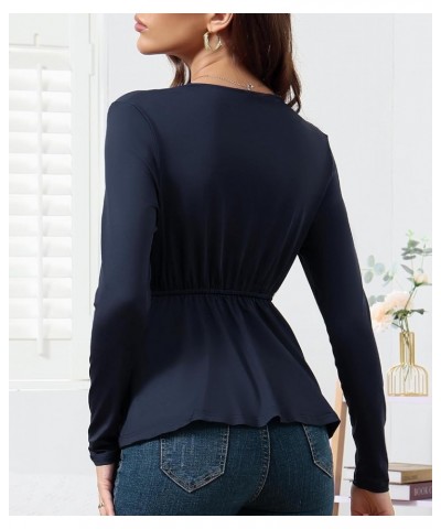 Womens Wrap Blouses Long Sleeve V Neck Casual Ruched Tunic Irregular Hem Tops Lounge Wear Blue $7.79 Tops