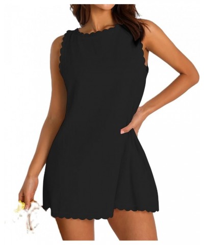 Women Sleeveless Beach Dress Scallop Trim Cover Ups Short Dresses 2023 Summer Linen Tank Dress Party Vacation B-black $7.82 S...