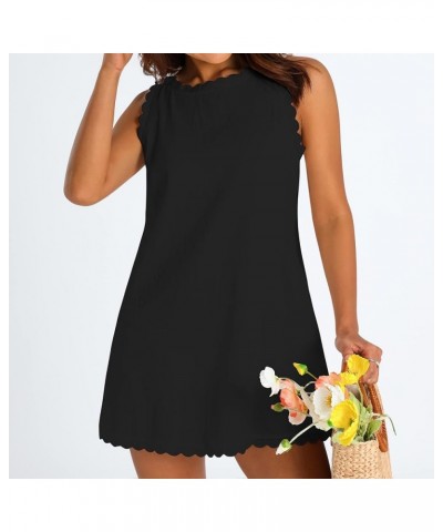 Women Sleeveless Beach Dress Scallop Trim Cover Ups Short Dresses 2023 Summer Linen Tank Dress Party Vacation B-black $7.82 S...