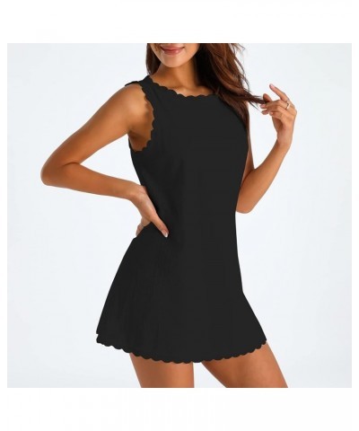 Women Sleeveless Beach Dress Scallop Trim Cover Ups Short Dresses 2023 Summer Linen Tank Dress Party Vacation B-black $7.82 S...