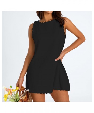 Women Sleeveless Beach Dress Scallop Trim Cover Ups Short Dresses 2023 Summer Linen Tank Dress Party Vacation B-black $7.82 S...