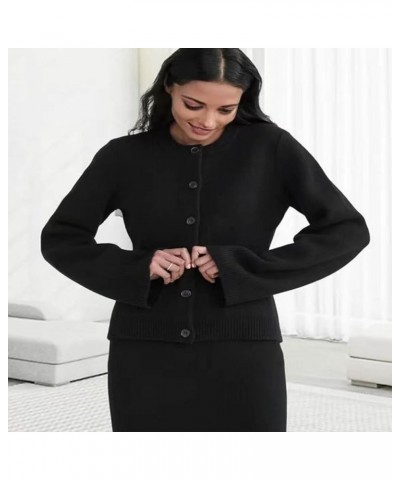 Slimming Button Ultra-Soft Solid Knit Bell Sleeves, Ultra-Soft Button Cardigan, Ultra-Soft Solid Knit Bell Sleeves (Black,XL)...