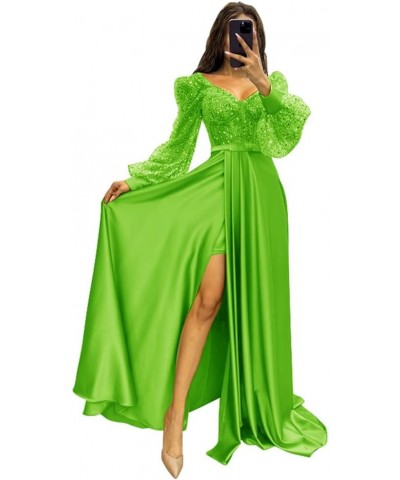 Long Sleeve Sequin Prom Dresses with Slit Satin Formal Evening Party Gowns for Women Lime Green $33.58 Dresses