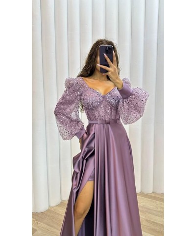 Long Sleeve Sequin Prom Dresses with Slit Satin Formal Evening Party Gowns for Women Lime Green $33.58 Dresses