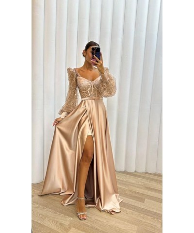 Long Sleeve Sequin Prom Dresses with Slit Satin Formal Evening Party Gowns for Women Lime Green $33.58 Dresses