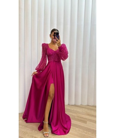 Long Sleeve Sequin Prom Dresses with Slit Satin Formal Evening Party Gowns for Women Lime Green $33.58 Dresses