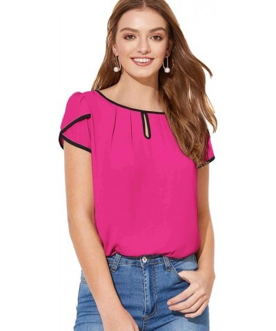 Women's Casual Pleated Petal Cap Sleeve Round Neck Keyhole Blouse Top Rose Red $10.08 Blouses