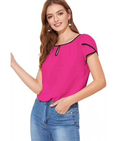 Women's Casual Pleated Petal Cap Sleeve Round Neck Keyhole Blouse Top Rose Red $10.08 Blouses