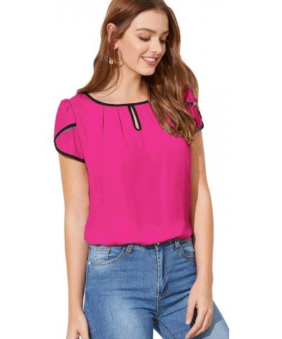 Women's Casual Pleated Petal Cap Sleeve Round Neck Keyhole Blouse Top Rose Red $10.08 Blouses