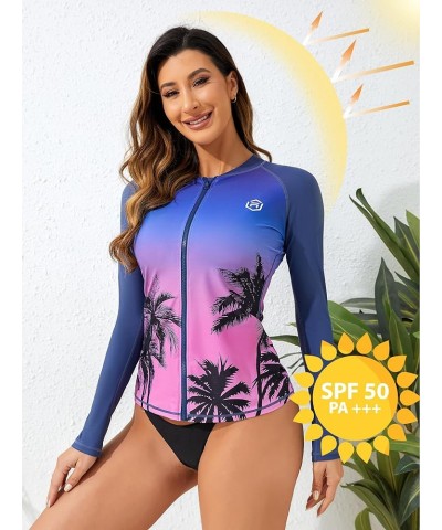 Women's Long Sleeve Rash Guard UV Sun Protection Zipper Gradient Swimsuit Top Standard Coconut Tree Navy Purple $20.34 Swimsuits