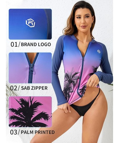 Women's Long Sleeve Rash Guard UV Sun Protection Zipper Gradient Swimsuit Top Standard Coconut Tree Navy Purple $20.34 Swimsuits