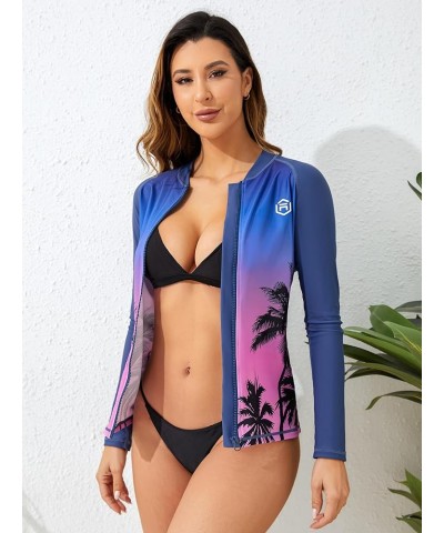 Women's Long Sleeve Rash Guard UV Sun Protection Zipper Gradient Swimsuit Top Standard Coconut Tree Navy Purple $20.34 Swimsuits